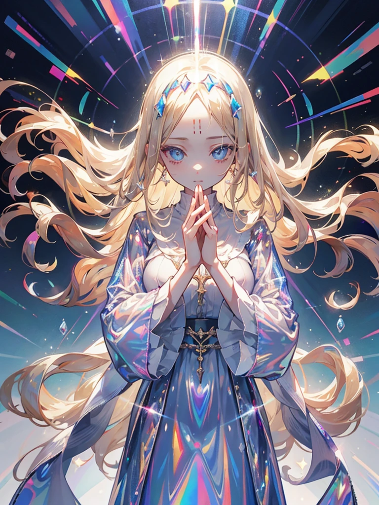 Mature woman, praying, light blue eyes, blonde hair, forehead, Long hair, plastic, Transparent clothes, ((holographic)), ((gas))