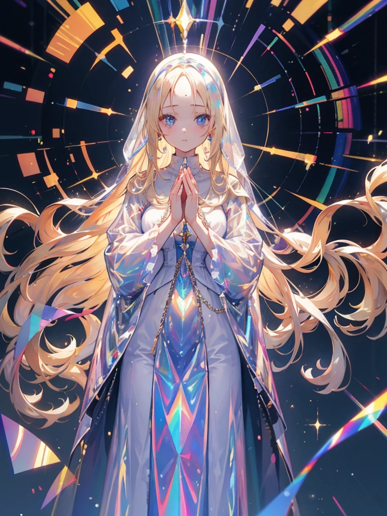 Mature woman, praying, light blue eyes, blonde hair, forehead, Long hair, plastic, Transparent clothes, ((holographic)), ((gas))