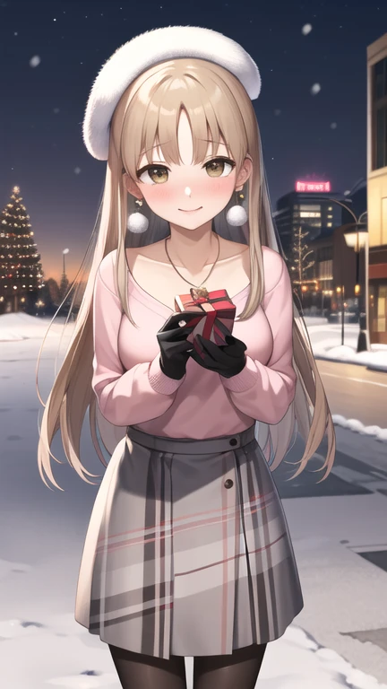 masterpiece, best quality, highres, ccsister, long hair, white headwear, earrings, collarbone, necklace, pink sweater, long sleeves, black gloves, plaid skirt, grey skirt, black pantyhose, snow, city, standing, cowboy shot, embarrassed, blush, holding gift, gift box, smile, christmas,