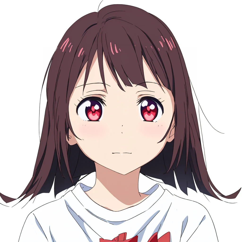 anime girl with simple hair and red eyes in white shirt, anime moe artstyle, anime visual of a cute girl, cute natural anime face, an anime girl, detailed anime soft face, perfect anime face, young anime girl, flat anime style shading, cute anime face, extremely cute anime girl face, (anime girl), anime style , (((simple hair)))