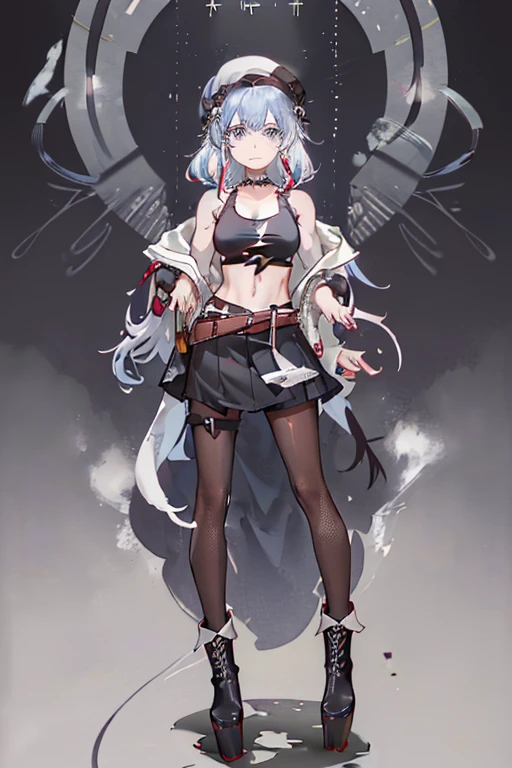 (perky chest:1.2), (pointed chest:1.2),(((Black Tunic:1.3))),(((cakes and bread in the basket),Cute and beautiful girl,masterpiece、highest quality、Very detailed、Beautiful fine details、One Girl、Detailed landscape、Training gym Room Background:1.4、Braided Ponytail、Red camisole、((B cup breasts, Tank top showing underboob:1.3)), black jacket, thigh strap, bangs, necktie, earrings, nail polish, fishnet pantyhose, multicolored hair, looking at viewer, full body, bottle, own hands together, belt, food, animal on head, black necktie, ring, choker, english text paper:1.2, collared shirt, blue eyes, platform boots, hat,lace-up boots ,