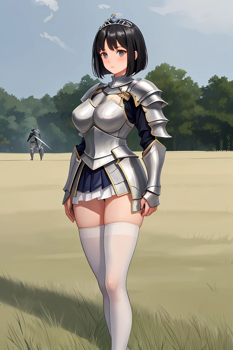 Black Hair Beautiful breasts tiara armor Short Bob White mini skirt White tights White panties grassland battlefield female knight Sisters Height difference