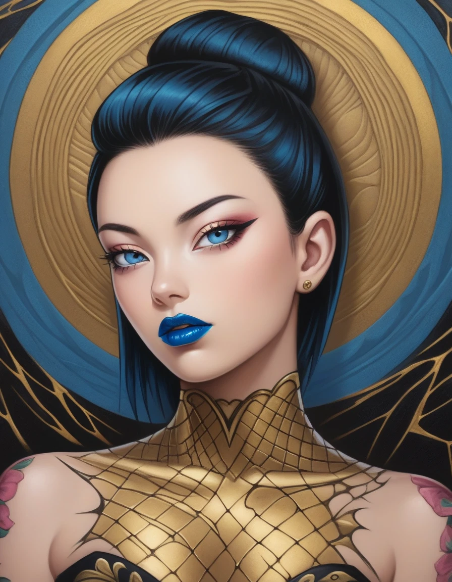 portrait of a girl in the style of  Kim Keever  Kenny Scharf, Kay Sage. punk hairstyle portrait close-up 3D, painting of a beautiful Sakura + Boruto sexy colors, black and gold background asas de butterfly of cracked walls forming small and repeating patterns, black and gold, relief patterns, ondulado hair, face covered tattoo dragons with  latex with golden patterns, gothic style, portrait of a beautiful dark-skinned woman, a beautiful detailed girl with half a mane of red, black and blue hair, delicate facial features, large blue eyes, lips with a sheen of blue lipstick complex details, style Android jones