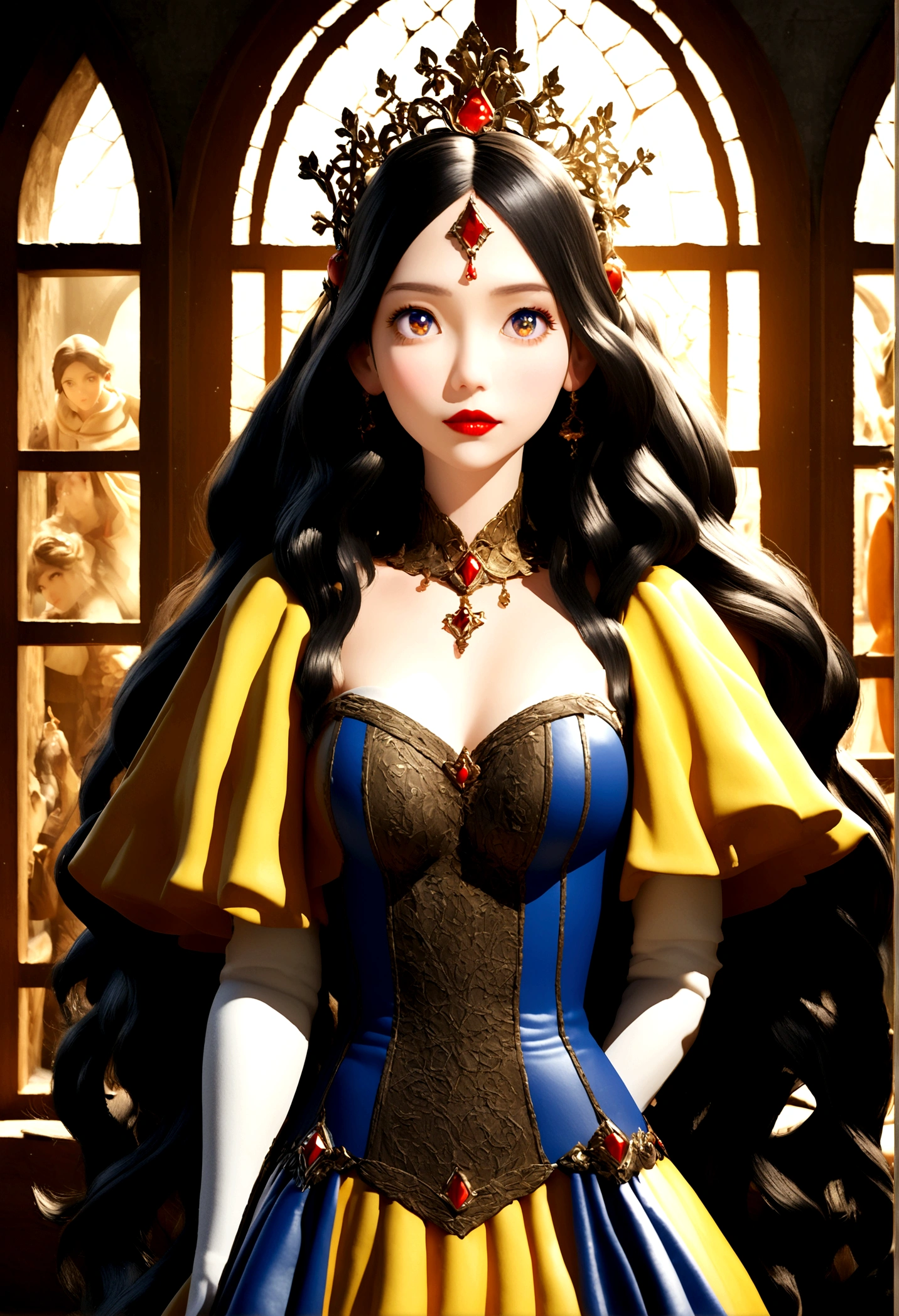 Digital illustration in a fantasy style, featuring a woman with fair skin, long wavy black hair, and striking facial features including large, expressive eyes, and red lips. She is dressed in a classic Snow White costume with a blue bodice, red and yellow skirt, and puffed white sleeves. A red bow adorns her hair. The background is an opulent, softly lit hall with arched windows and chandeliers, adding a regal and enchanting atmosphere to the scene., 3d render, anime, illustration, portrait photography, photo, poster, conceptual artLess