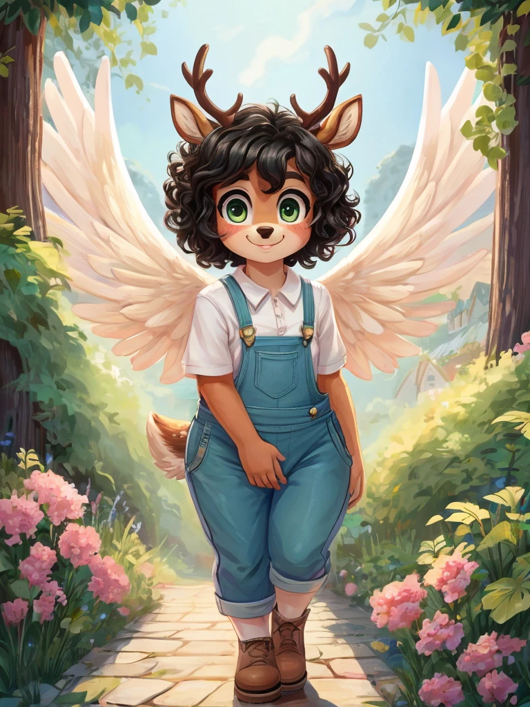 Cute, deer boy, small deer antlers, innocent, chubby, fat, big thighs, androgynous, femboy, short curly hair, black hair, fawn spots, freakles, ((cute)), smiling, walking in a big bustling city, wearing cottage core outfit, cottage core green overalls over a blue t-shist, cute clothes, modest clothes, adorable, pastel color scheme, light blue green yellow white and brown color scheme, young, cartoony, adorable, deer tail, moss green eyes, angel wings,