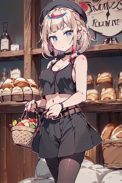 (perky chest:1.2), (pointed chest:1.2),(((Black Tunic:1.3))),(((cakes and bread in the basket),Cute and beautiful girl,masterpiece、highest quality、Very detailed、Beautiful fine details、One Girl、Detailed landscape、Training gym Room Background:1.4、Braided Ponytail、Red camisole、((B cup breasts, Tank top showing underboob:1.3)), black jacket, thigh strap, bangs, necktie, earrings, nail polish, fishnet pantyhose, multicolored hair, looking at viewer, full body, bottle, own hands together, belt, food, animal on head, black necktie, ring, choker, english text paper:1.2, collared shirt, blue eyes, platform boots, hat,lace-up boots ,
