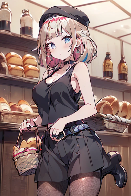 (perky chest:1.2), (pointed chest:1.2),(((Black Tunic:1.3))),(((cakes and bread in the basket),Cute and beautiful girl,masterpiece、highest quality、Very detailed、Beautiful fine details、One Girl、Detailed landscape、Training gym Room Background:1.4、Braided Ponytail、Red camisole、((B cup breasts, Tank top showing underboob:1.3)), black jacket, thigh strap, bangs, necktie, earrings, nail polish, fishnet pantyhose, multicolored hair, looking at viewer, full body, bottle, own hands together, belt, food, animal on head, black necktie, ring, choker, english text paper:1.2, collared shirt, blue eyes, platform boots, hat,lace-up boots ,
