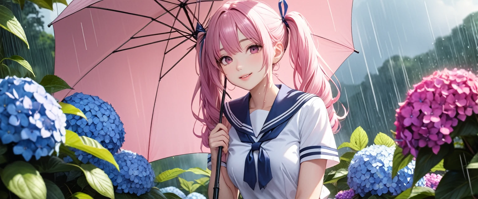 (8K, masutepiece, Best Quality, Official art, beautiful detailed, beautiful lighting, best masterpiece in history that exceeds limits), (1 Girl, Solo), (sixteen years old), (beautiful detailed face), (shiny white skin), (Beautiful big bust:1.3), (thighs), (beautiful detailed pink twin tails hair, Bangs:1.3), (beautiful detailed drooping pink eyes:1.5), (high school uniform:1.3), (patsel blue sailor collar, white short sleeves short length outing shirt, pastel blue pleated skirt, patsel blue ribbon:1.3), (happy smile:1.2), (Attractive, Look at the camera, cute pose), breathtaking scenery, (ultra detailed realistic Beautiful rain, rainy season, hydrangea, Holding an umbrella:1.2),