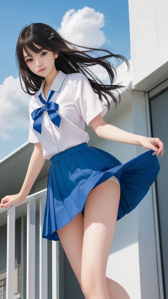 女の子 in a blue skirt and white shirt standing on a roof, Beautiful school girl, (Hair blowing in the wind:1.3), (The wind is blowing my skirt:1.2, Panty shot:1.3), Slender body line, Small and slender figure, (Beautiful breasts), Small beautiful butt, Alluring thighs, Cute girl visuals, Beautiful eyes in every detail, double eyelid, Beautiful long lashes, Captivating Lips, Beautiful small face, high nose, Kantai Collection Style, ( beautiful girl, Baby Face, ), Yukina Himeragi, Attractive girl, Smooth CG art, Moe art style, Best Girl, Young girl, (Detailed eyes and face:1.3, Professional photography techniques), (Highest quality, 8K, masterpiece:1.2, RAW Photos), Gaze at the viewer, blush, (Photorealism:1.4), (Detailed hands and legs:1.2)