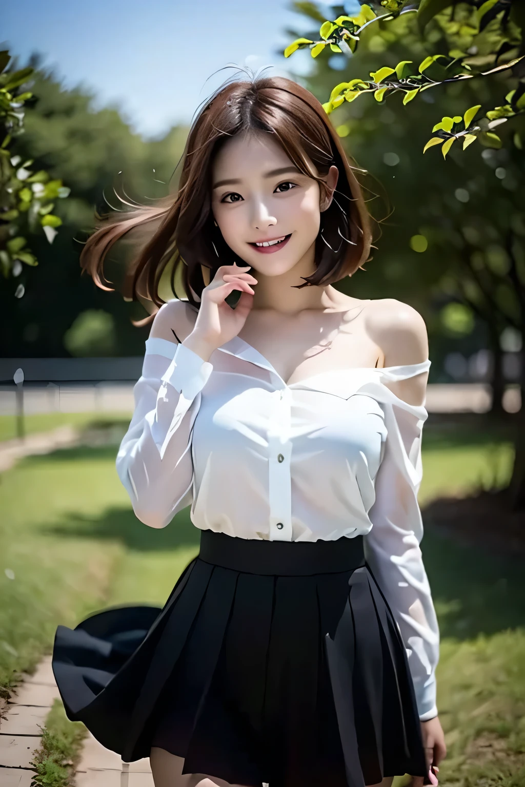 (((Beautiful woman standing in a windy park:1.3))),(Hair soars in strong winds:1.3),(The strong wind makes the shirt fly:1.3),(Skirt floating in strong wind:1.3),Holding down her frilly skirt with her hands:1.3),Off the shoulder,White shirt,Looking at the audience,whole body,From above,look up,Beautiful Hands,(Reddish brown wet shiny short messy hair),Blushing,Pointed red mouth,Big Breasts,Accentuate your breasts,Perfect body curves,Beautiful clavicle,((Expressing happiness through facial expressions:1.3))),Nice face,
Detailed clothing features,Detailed hair features,Detailed facial features,Looking into the camera,,(Dynamic and sexy pose),Cinematic Light,(Highest quality,Written boundary depth,Intricate details,The contrast of light and shadow、The subject appears three-dimensional,) ,Digital single-lens reflex camera, (Realistic),(Picture Mode Ultra HD,)
