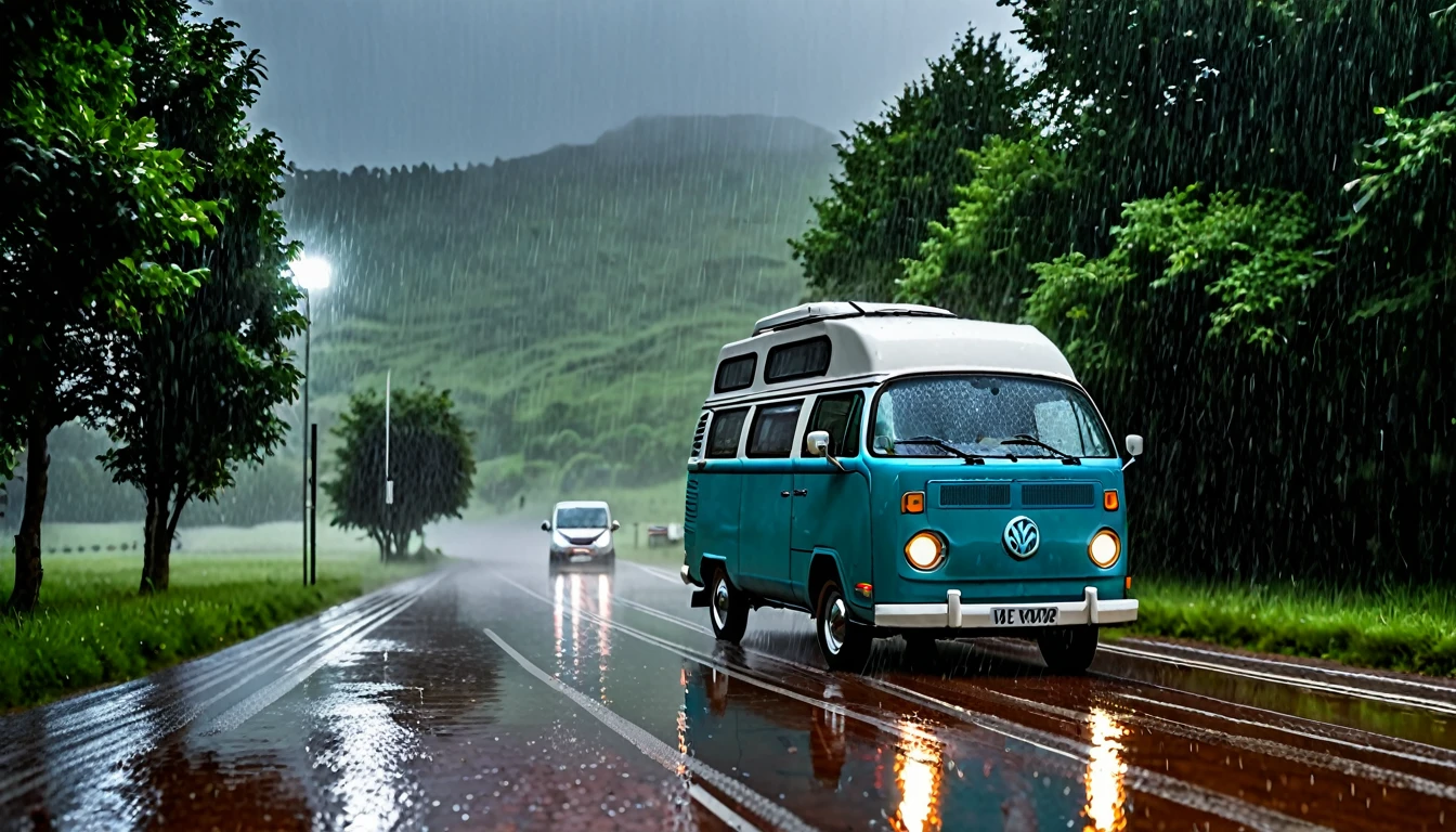 heavy rain in campervan, real 4k photography