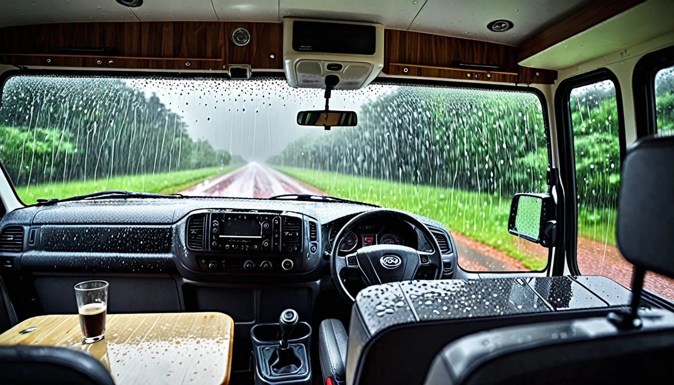 heavy rain in campervan, real 4k photography