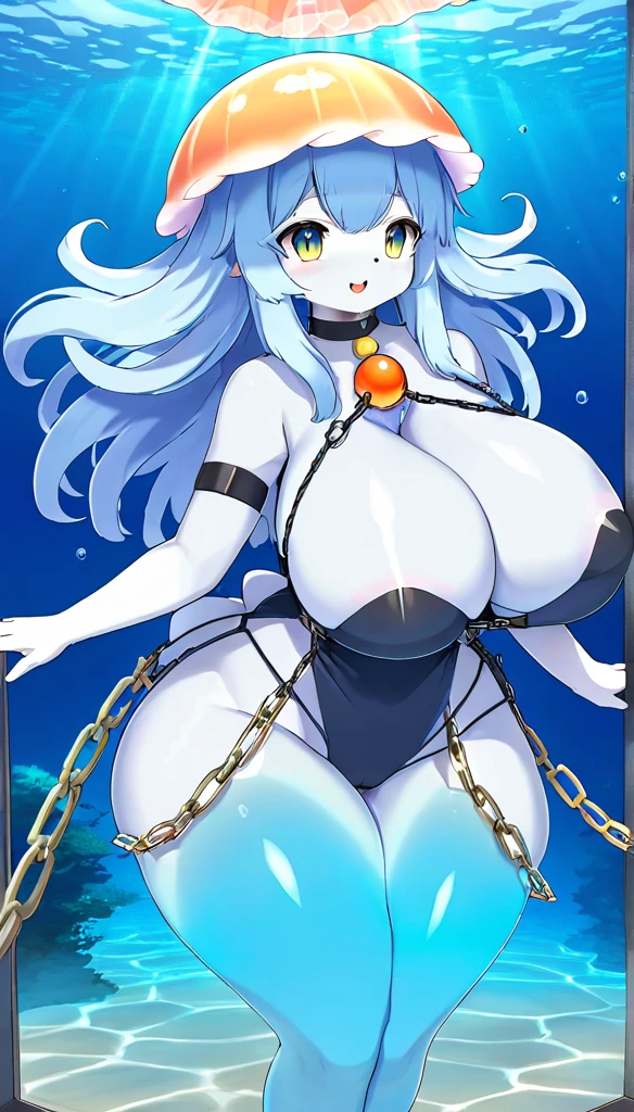 high quality illustrations, masterpiece, shading, light)(kemono, alone), 1 woman, jellyfish goddess, hourglass body, big breasts, perfect eyes, goddess clothes decorated with chains, posing for view underwater , expression of joy
