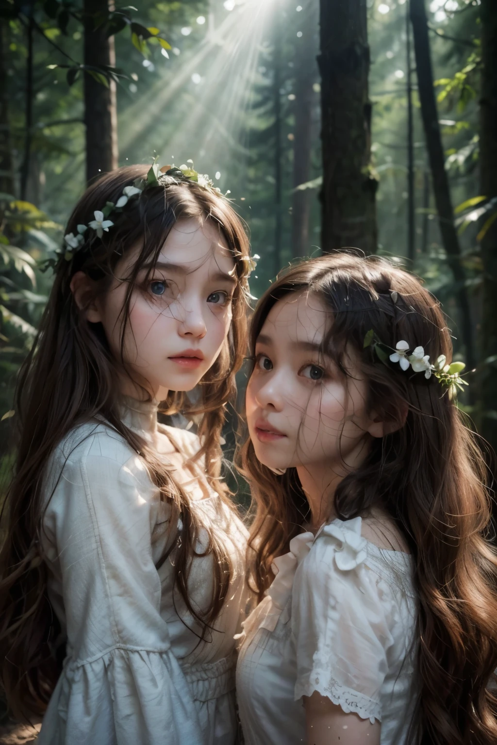 create two girls, very similar, with long hair similar to the Disney princess, one with a thin face, delicate, small, brown eyes and the other with a delicate, round face, with large, brown eyes, in an enchanted forest, cinematic lighting, god rays, bloom, drop shadow, image fill, motion lines, optical illusion, silhouette, speed lines, high quality, best quality, accurate