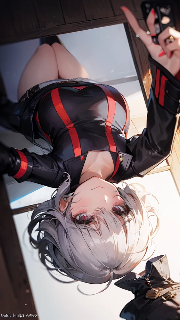 masterpiece, concept art, upside down, close up shot, like selfies, head to toe((must)), aschgray haired early 20's Russian girl, cyberpank fashion, wearing cyber punk fashion, Lying on her back The top roof of a cottage, Ilya Kuvshinov's style