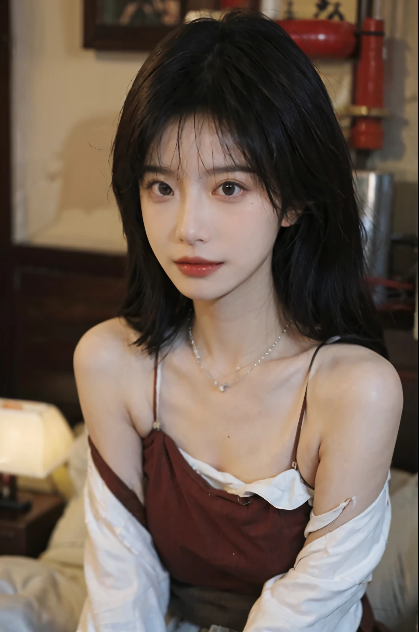 Film portrait photography, 1 girl, bare shoulders,lipstick,(flat chest:1.4), wear necklace,Big breasts,Cute expression,Exquisite makeup,Red suspenders,serene, calm, (Realistic and detailed eyes, natural skin texture, Realistic facial details), Soft dramatic lighting, depth of field, Bokeh, Vibrant details, Detailed and detailed, surreal, 35mm film, hazy, ,