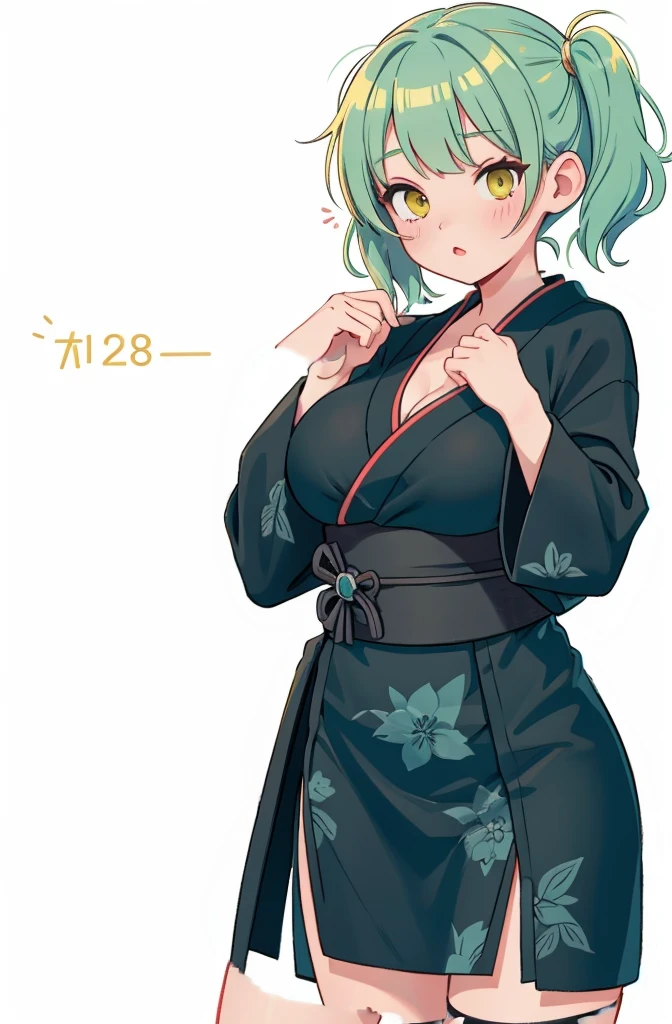 (black kimono), (black and teal Japanese kimono), ninja outfit, stealth getup, fishnet stockings, arm wraps, Japanese festival dress, large breasts