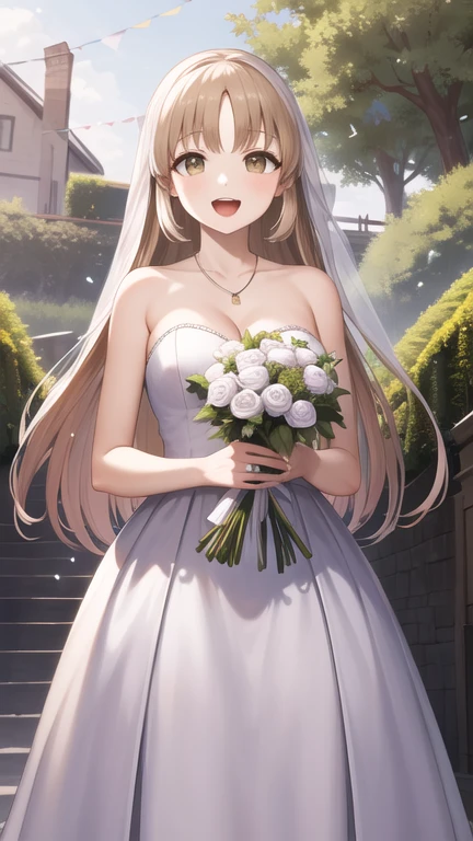 masterpiece, best quality, highres, aasister, long hair, wedding dress, white dress, necklace, strapless, cleavage, garden, standing, cowboy shot, holding bouquet, smile, open mouth, confetti,