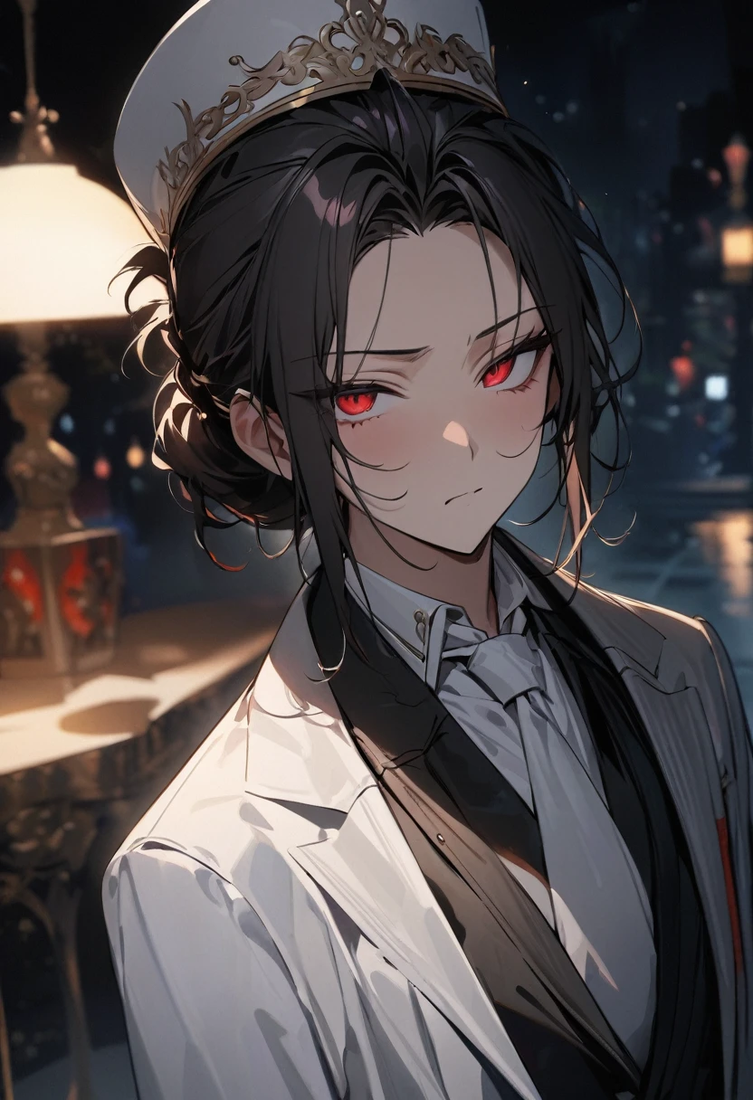 
(( straight face picture )) ((best quality)), (Masterpiece)), (details), ( Beautiful colors ) ( ornamentation ) Young man wearing a black suit , White tie ,white pants , white hat ,Hair up to the neck ,My hair is a little frizzy. , I opened my forehead.,Red eyes ,at night ,There&#39;s smoke. ,moon , dark , Japanese mansion ,devil
