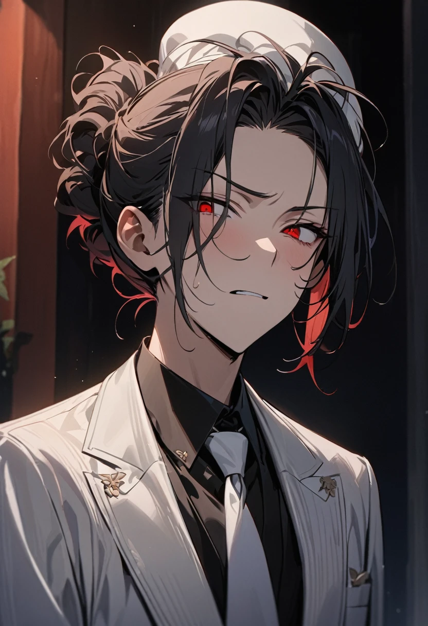 (( straight face picture )) ((best quality)), (Masterpiece)), (details), ( Beautiful colors ) ( ornamentation ) Young man wearing a black suit , White tie ,white pants , white hat ,Hair up to the neck ,My hair is a little frizzy. , I opened my forehead.,Red eyes ,at night ,There's smoke. ,moon , dark , Japanese mansion ,devil