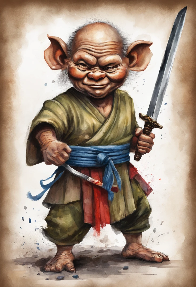 ((samarai worrior with sword in hand preparing for battle, garbage pail kids style)), in a zen garden, 3d cartoon, high quality, detailed,