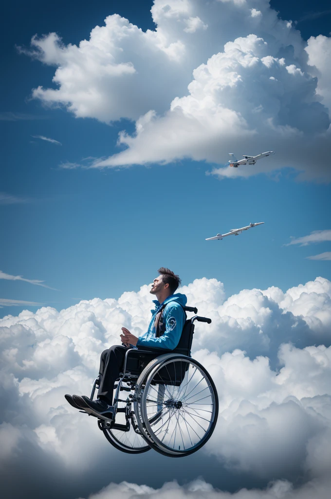 Man in wheelchairs flying among the clouds ((8 k quality, high definition image, realisitic,  真实感, ultra detaild, hyper details, bright look))