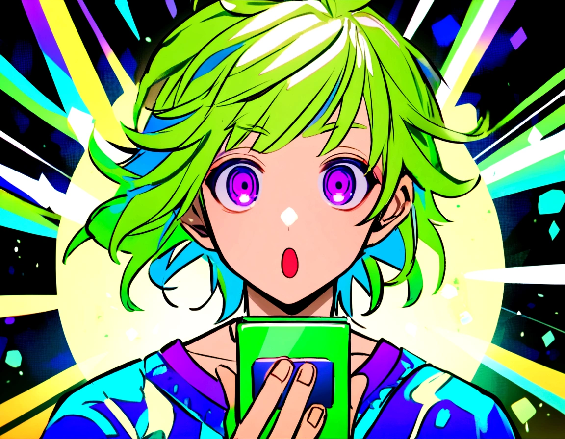 A boy with lime green hair , holding a rare game cartridge with an Akira Toryama-style expression of surprise and awe in electric blue colors, Green Lemon, lemon yellow and neon purple. Akira Toryama style