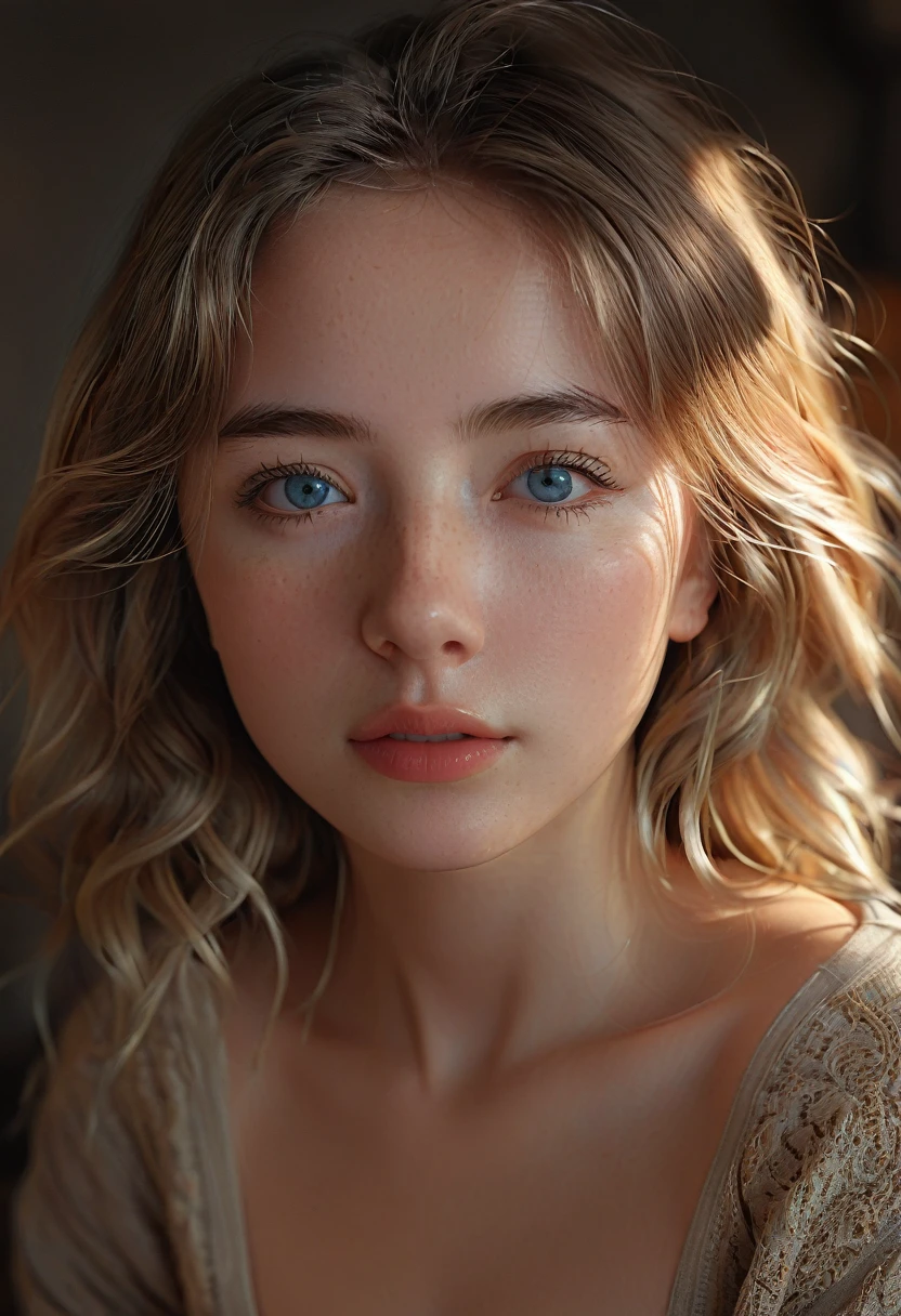 1girl, 18 years old, nude, sexy, beautiful detailed eyes, beautiful detailed lips, extremely detailed face, small breasts, round buttocks, sensual, photorealistic, 8k, high resolution, hyperdetailed, chiaroscuro lighting, warm color palette, dramatic lighting, cinematic composition, award winning photography