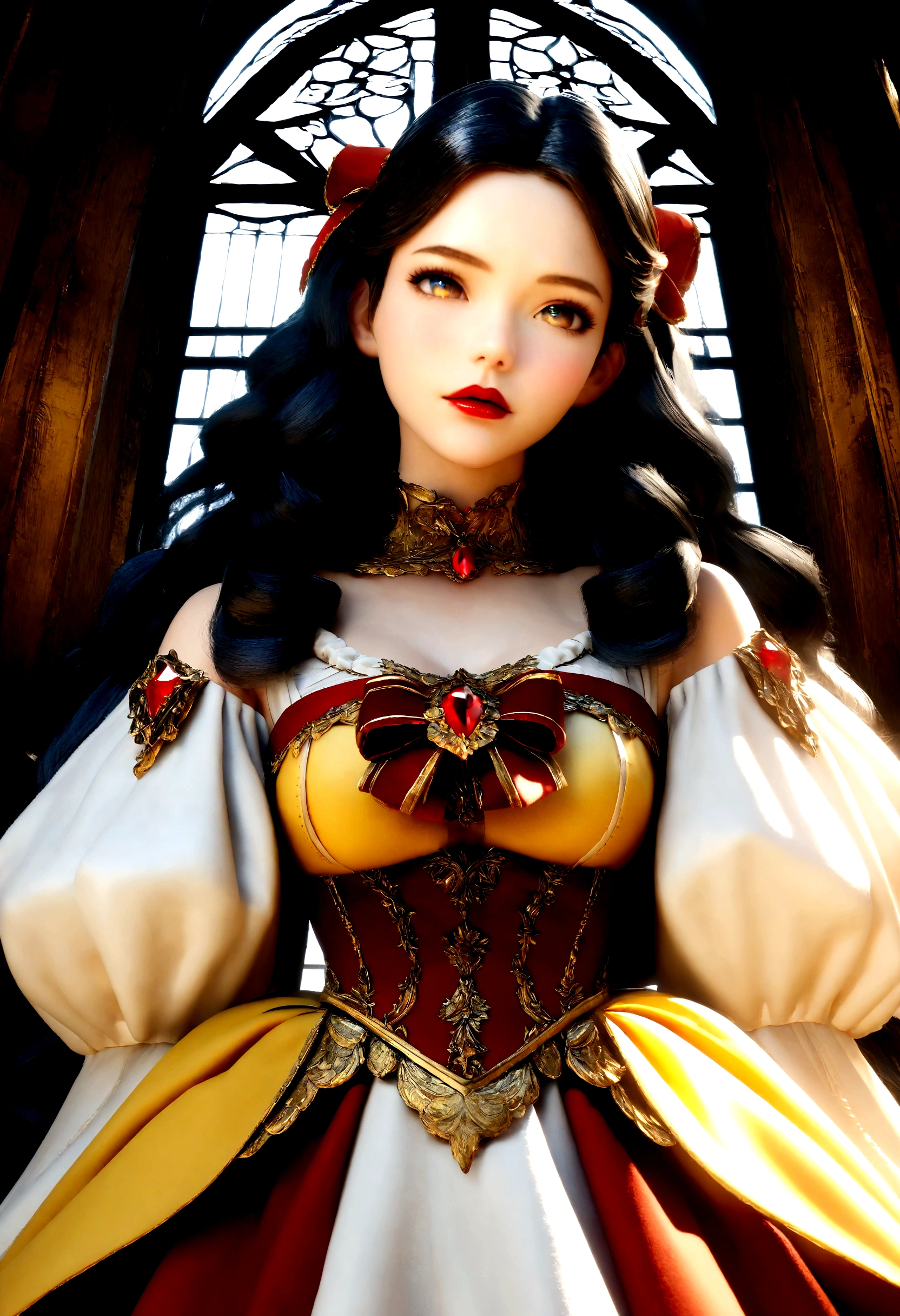 Digital illustration in a fantasy style, featuring a woman with fair skin, long wavy black hair, and striking facial features including large, expressive eyes, and red lips. She is dressed in a classic Snow White costume with a blue bodice, red and yellow skirt, and puffed white sleeves. A red bow adorns her hair. The background is an opulent, softly lit hall with arched windows and chandeliers, adding a regal and enchanting atmosphere to the scene., 3d render, anime, illustration, portrait photography, photo, poster, conceptual artLess
