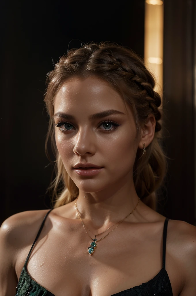 A beautiful blonde woman in an elegant pose, with brown/green eyes, blonde hair, golden necklace, Waterfall braid, in a nightclub, (best quality,4k,8k,highres,masterpiece:1.2),ultra-detailed,(realistic,photorealistic,photo-realistic:1.37),intricate details,high quality lighting,chiaroscuro lighting,moody lighting,glowing skin,flawless skin,detailed facial features,long eyelashes,full lips,expressive eyes,graceful posture,elegant black dress,shimmering dress,dramatic expression,cinematic composition,rich color palette, volumetric fog,depth of field