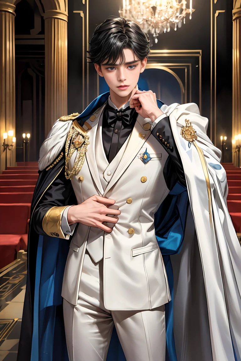 masterpiece, 最high quality, high quality, 1 boy, alone, Male focus, Watching the audience, Messy black hair, Adorable big blue eyes, White people, Noble, Noble,Sexy voluminous cape、Tuxedo、A very voluminous, large, very large, very large, long, long red and black cape with a high stand-up collar, made of a lot of fabric that reaches down to the floor., 17 years old,Cute beautiful boys,Cute, cute, kind, handsome guy