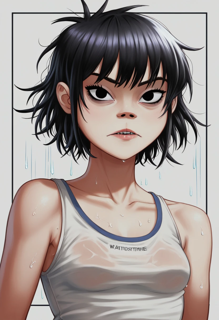 (masterpiece, best quality:1.2),  noodle (gorillaz), black hair, 1girl, streaked hair, black eyes, multicolored hair, bangs, parted lips, breasts, small breasts, bob cut, White background, masterpiece, best quality, absurdres, highres, 4k, ray tracing, perfect face, perfect eyes, intricate details, highly detailed, (best quality:1.33), (masterpiece:1.42),(semi realistic:1.3), (detailed:1.15),(skin details), Dappled Light, analog style (look at viewer), (skin texture), (realistic texture skin), cinematic light, side lighting, ultra high res, best shadow, RAW, (Dutch angle:1.1), lightroom, cinematic, hdr, raw, (intricate:1.4), high quality, soothing tones, intricate details, low contrast, extremely high quality RAW photograph, detailed background, intricate, Exquisite details and textures, highly detailed, ultra detailed photograph, warm lighting, 4k, sharp focus, high resolution, detailed skin, detailed eyes, 8k uhd, dslr, high quality, film grain, Fujifilm XT3, 
 Rainy Day: The diffused light and wet surfaces on a rainy day can create a moody and atmospheric environment, perfect for capturing reflections and street photography.,