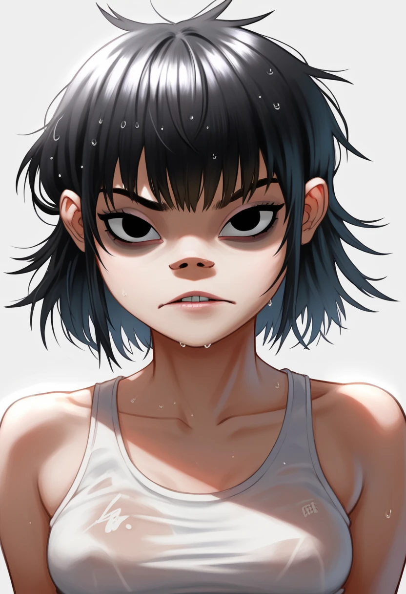 (masterpiece, best quality:1.2),  noodle (gorillaz), black hair, 1girl, streaked hair, black eyes, multicolored hair, bangs, parted lips, breasts, small breasts, bob cut, White background, masterpiece, best quality, absurdres, highres, 4k, ray tracing, perfect face, perfect eyes, intricate details, highly detailed, (best quality:1.33), (masterpiece:1.42),(semi realistic:1.3), (detailed:1.15),(skin details), Dappled Light, analog style (look at viewer), (skin texture), (realistic texture skin), cinematic light, side lighting, ultra high res, best shadow, RAW, (Dutch angle:1.1), lightroom, cinematic, hdr, raw, (intricate:1.4), high quality, soothing tones, intricate details, low contrast, extremely high quality RAW photograph, detailed background, intricate, Exquisite details and textures, highly detailed, ultra detailed photograph, warm lighting, 4k, sharp focus, high resolution, detailed skin, detailed eyes, 8k uhd, dslr, high quality, film grain, Fujifilm XT3, 
 Rainy Day: The diffused light and wet surfaces on a rainy day can create a moody and atmospheric environment, perfect for capturing reflections and street photography.,