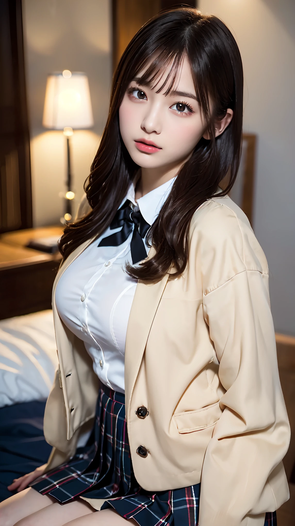 Graduation Ceremony、high school girl、uniform 、Beige jacket、Checkered pleated skirt、White shirt、Bedroom、Lying in bed、Perfect proportions、cute、((18-year-old female:1.2))、Young and adorable Japanese face，Big Breasts, valley, Official Art，Highly detailed CG Unity 8K wallpaper，（masterpiece:1.0),(Highest quality:1.0), High resolution,4K,Very detailed, photo shoot, 8K, nsfw, High resolution, Kodak Portrait 400, Film Grain, Lens flare brilliance, Professional Lighting,Cinematic Light, View your viewers