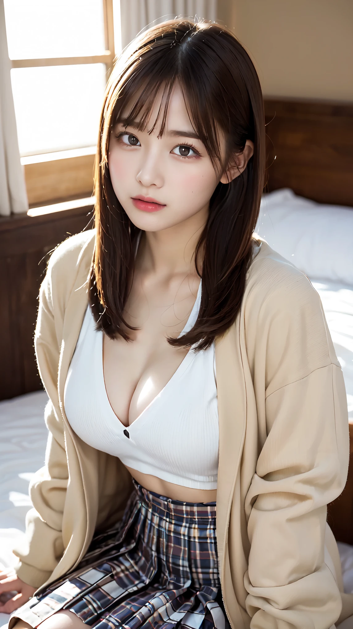 Graduation Ceremony、high school girl、uniform 、Beige jacket、Checkered pleated skirt、White shirt、Bedroom、Lying in bed、Perfect proportions、cute、((18-year-old female:1.2))、Young and adorable Japanese face，Big Breasts, valley, Official Art，Highly detailed CG Unity 8K wallpaper，（masterpiece:1.0),(Highest quality:1.0), High resolution,4K,Very detailed, photo shoot, 8K, nsfw, High resolution, Kodak Portrait 400, Film Grain, Lens flare brilliance, Professional Lighting,Cinematic Light, View your viewers