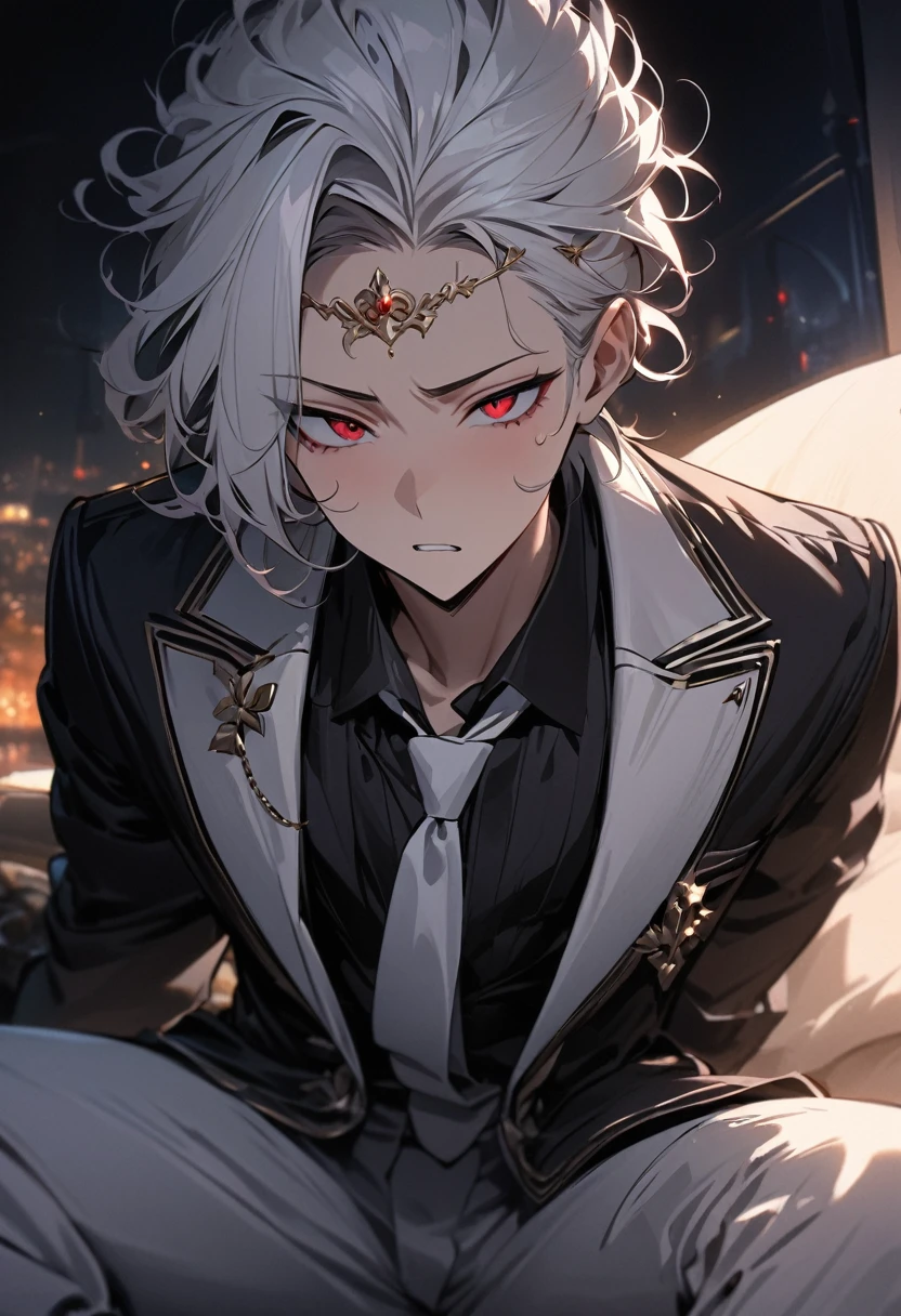 
(( straight face picture )) ((best quality)), (Masterpiece)), (details), ( Beautiful colors ) ( ornamentation ) Young man wearing a black suit , White tie ,white pants , white hat ,Hair up to the neck ,My hair is a little frizzy. , I opened my forehead.,Red eyes ,at night ,There&#39;s smoke. ,moon , dark , Japanese mansion ,devil ,see the whole body

