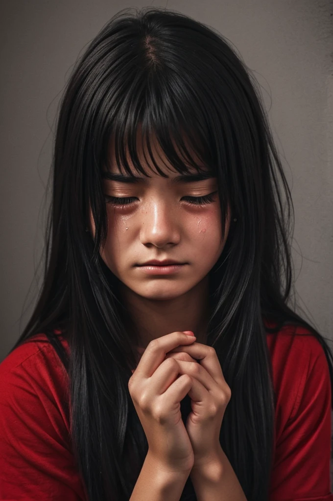 Girl about 17 years old crying , that it can be seen that the image is painted with a brush and that the entire image is red. black and gray 