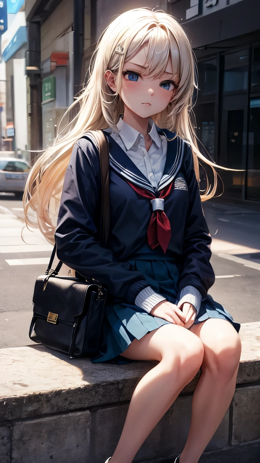 elite, high school student, serious face, expressionless, tokyo street, arrogant girl, blue school bag with a tiny cute bear doll, sfw, blonde, 18 years old girl