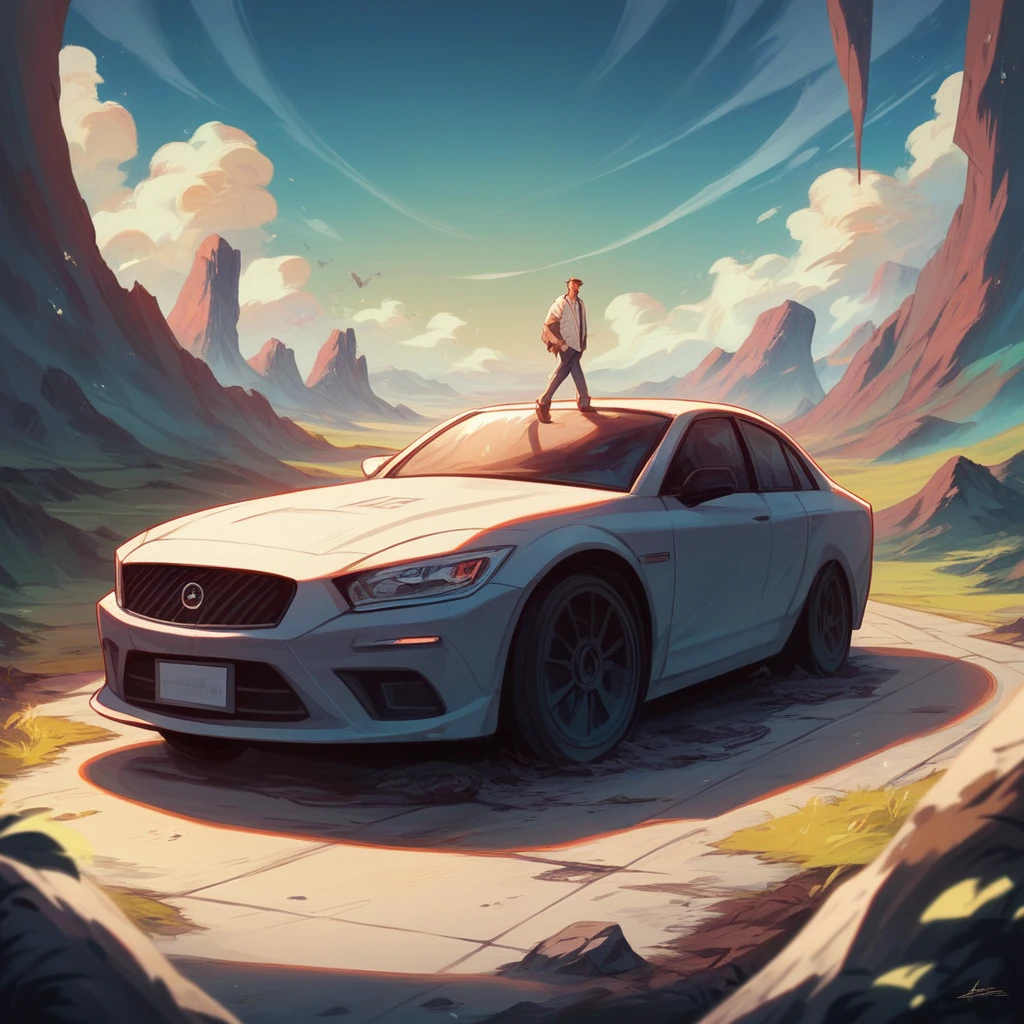 "Agent provocateur posing next to a futuristic sports car melting into a vibrant, surreal landscape, dreamlike and colorful.Photoshoot by Trevor E Yerbury, A Full Body Photo of a beautiful godess, 4K, Professional Photo, Perfect, Pretty"