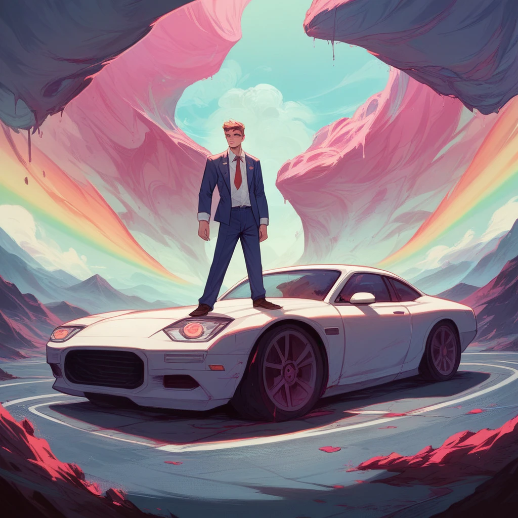 "Agent provocateur posing next to a futuristic sports car melting into a vibrant, surreal landscape, dreamlike and colorful.Photoshoot by Trevor E Yerbury, A Full Body Photo of a beautiful godess, 4K, Professional Photo, Perfect, Pretty"