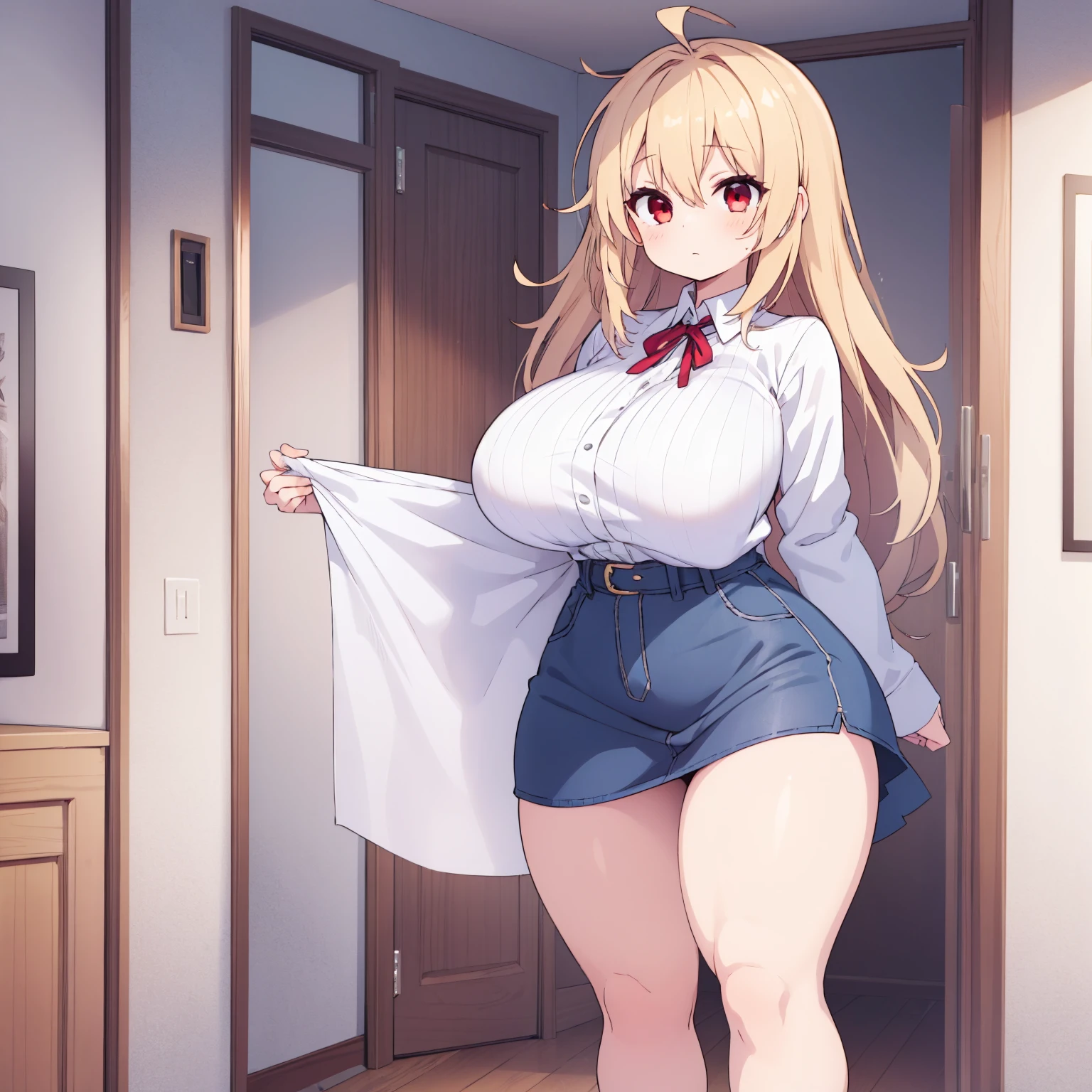 (((High quality))), 1girl, solo, blond hair, messy hair, bangs, red eyes, large breasts, wide hips, tall, thick thighs, white blouse, gray skirt