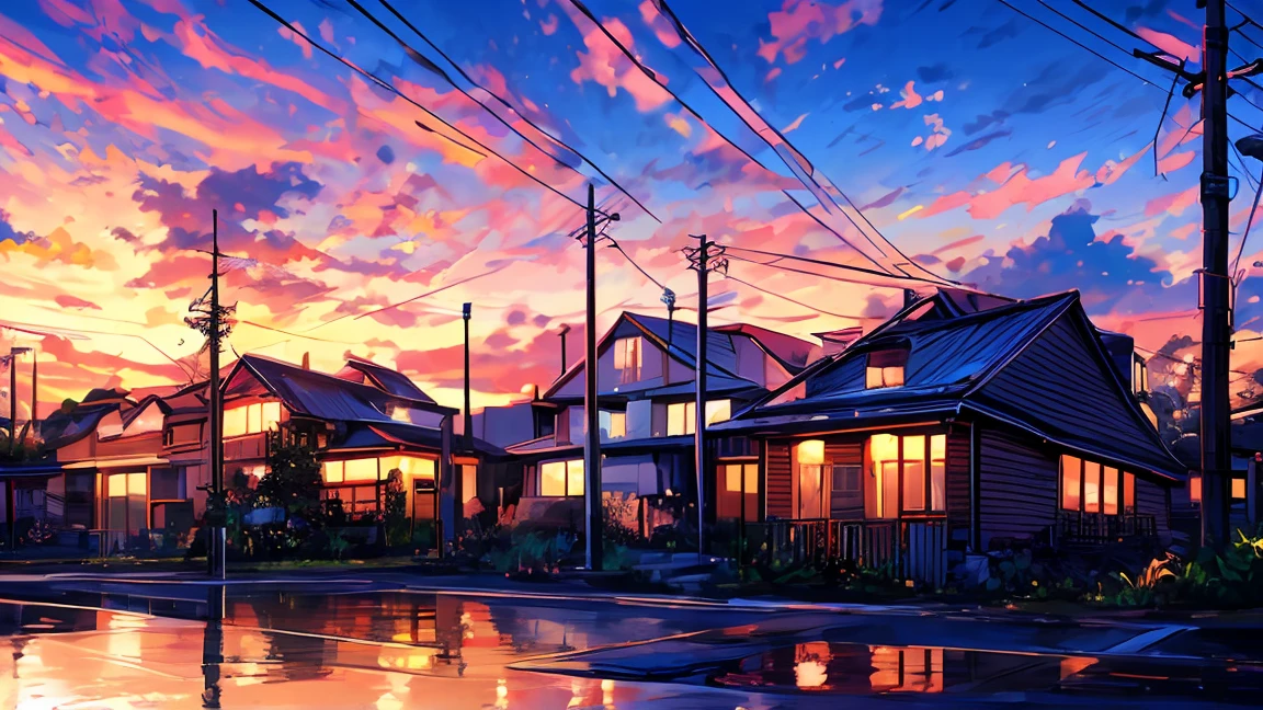 masterpiece, Concept Art, Painting of (Electric pole:1.5) On the street at dusk, Painting, Sylvain Sarail, anime高果糖, telephone wires, GTA Art, Warm sunset, beautiful iwakura, Toon Aesthetics, colorful house, Connection line, animeのスクリーンショット, art ", Muffled colors, only, 2077, " anime, bright:
