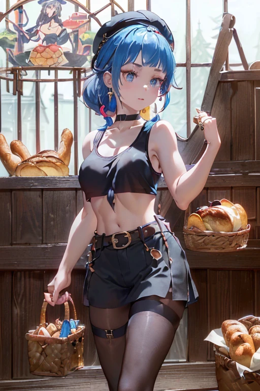(perky chest:1.2), (pointed chest:1.2),(((Black Tunic:1.3))),(((cakes and bread in the basket),Cute and beautiful girl,masterpiece、highest quality、Very detailed、Beautiful fine details、One Girl、Detailed landscape、Training gym Room Background:1.4、Braided Ponytail、Red camisole、((B cup breasts, Tank top showing underboob:1.3)), black jacket, thigh strap, bangs, necktie, earrings, nail polish, fishnet pantyhose, multicolored hair, looking at viewer, full body, bottle, own hands together, belt, food, animal on head, black necktie, ring, choker, english text paper:1.2, collared shirt, blue eyes, platform boots, hat,lace-up boots ,