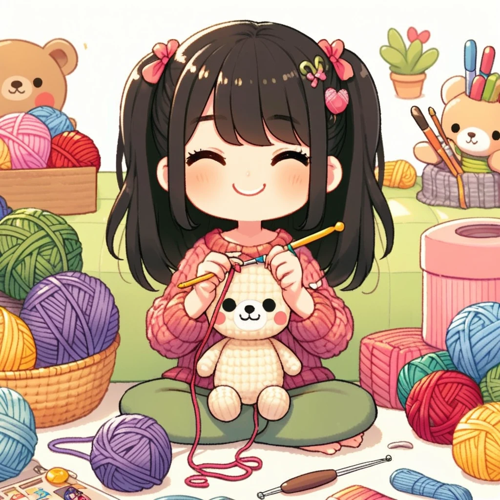 one doing crochet very happy and cute. I want her hair down and without bangs 