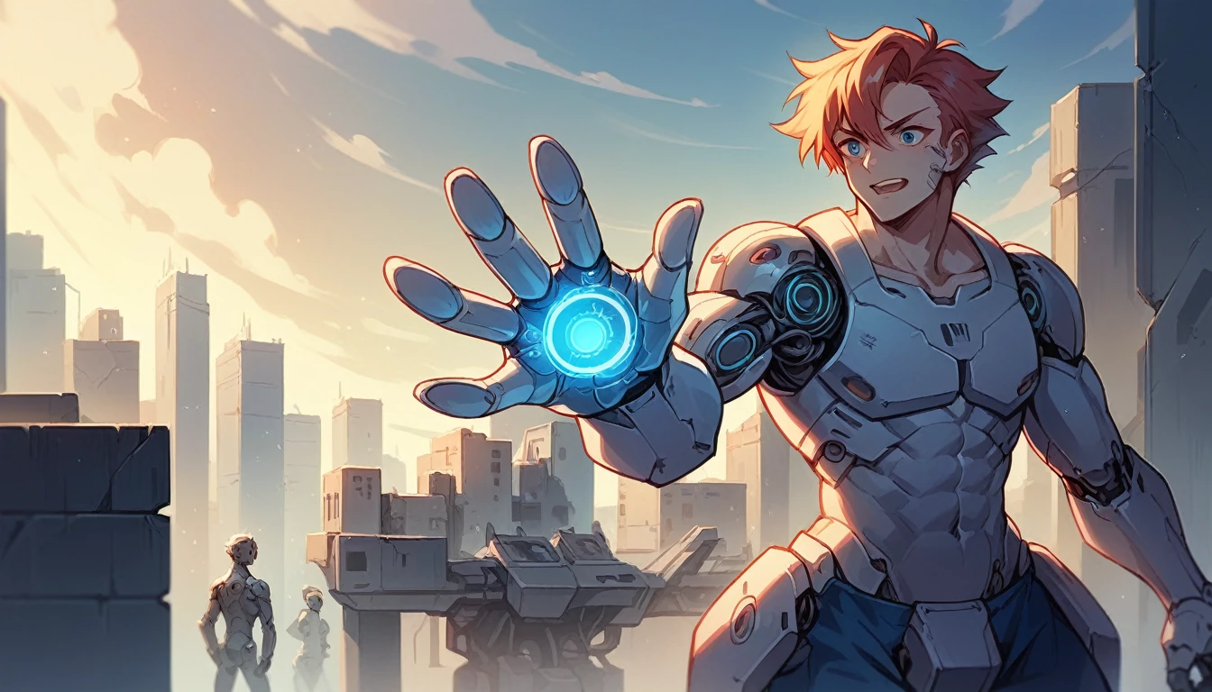 two hands reaching for a glowing object in front of a city, strong artificial intelligence, endless collaboration with ai, artificial intelligence, with ai theme, the image is futuristic, with a robotic arm, artificial intelligence!!, robotic, with robotic arms, the coming ai singularity, future technology, ai producing the realist, future tech, robotic arms, robotic arm, best ai image