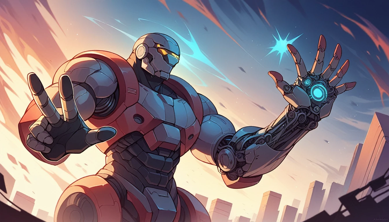 two hands reaching for a glowing object in front of a city, strong artificial intelligence, endless collaboration with ai, artificial intelligence, with ai theme, the image is futuristic, with a robotic arm, artificial intelligence!!, robotic, with robotic arms, the coming ai singularity, future technology, ai producing the realist, future tech, robotic arms, robotic arm, best ai image