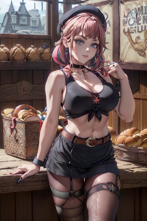 (perky chest:1.2), (pointed chest:1.2),(((Black Tunic:1.3))),(((cakes and bread in the basket),Cute and beautiful girl,masterpiece、highest quality、Very detailed、Beautiful fine details、One Girl、Detailed landscape、Training gym Room Background:1.4、Braided Ponytail、Red camisole、((B cup breasts, Tank top showing underboob:1.3)), black jacket, thigh strap, bangs, necktie, earrings, nail polish, fishnet pantyhose, multicolored hair, looking at viewer, full body, bottle, own hands together, belt, food, animal on head, black necktie, ring, choker, english text paper:1.2, collared shirt, blue eyes, platform boots, hat,lace-up boots ,