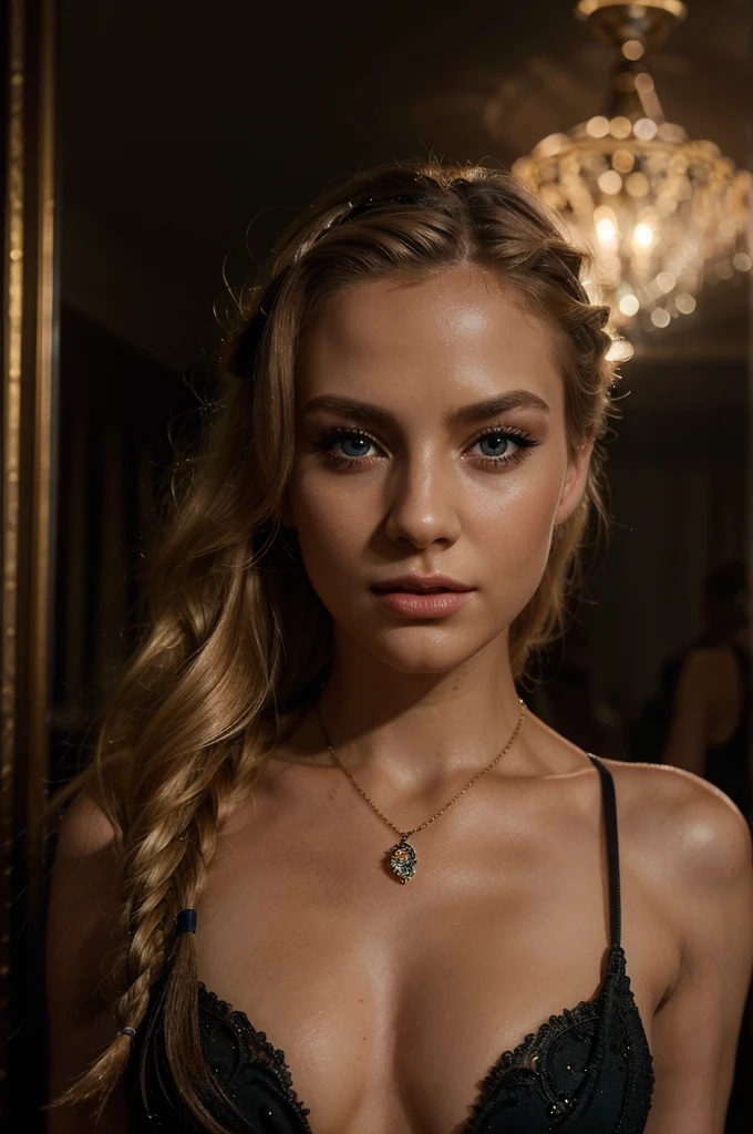 A beautiful blonde woman in an elegant pose, with brown/green eyes, blonde hair, golden necklace, Waterfall braid, in a nightclub, (best quality,4k,8k,highres,masterpiece:1.2),ultra-detailed,(realistic,photorealistic,photo-realistic:1.37),intricate details,high quality lighting,chiaroscuro lighting,moody lighting,glowing skin,flawless skin,detailed facial features,long eyelashes,full lips,expressive eyes,graceful posture,elegant black dress,shimmering dress,dramatic expression,cinematic composition,rich color palette, volumetric fog,depth of field