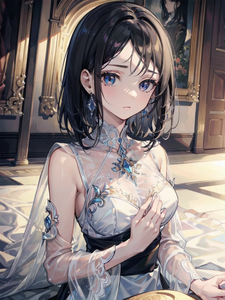 absurdres, RAW photo, extremely delicate and beautiful, masterpiece, Best Quality, ultra high resolution, 32k, hyperrealistic, ultra-detailed, delicate facial features, beautiful detailed woman, tearful mole, earring, medium breasts, full body shot, medium hair, black hair, praying, forehead, plastic, Transparent clothes, holographic, gas,