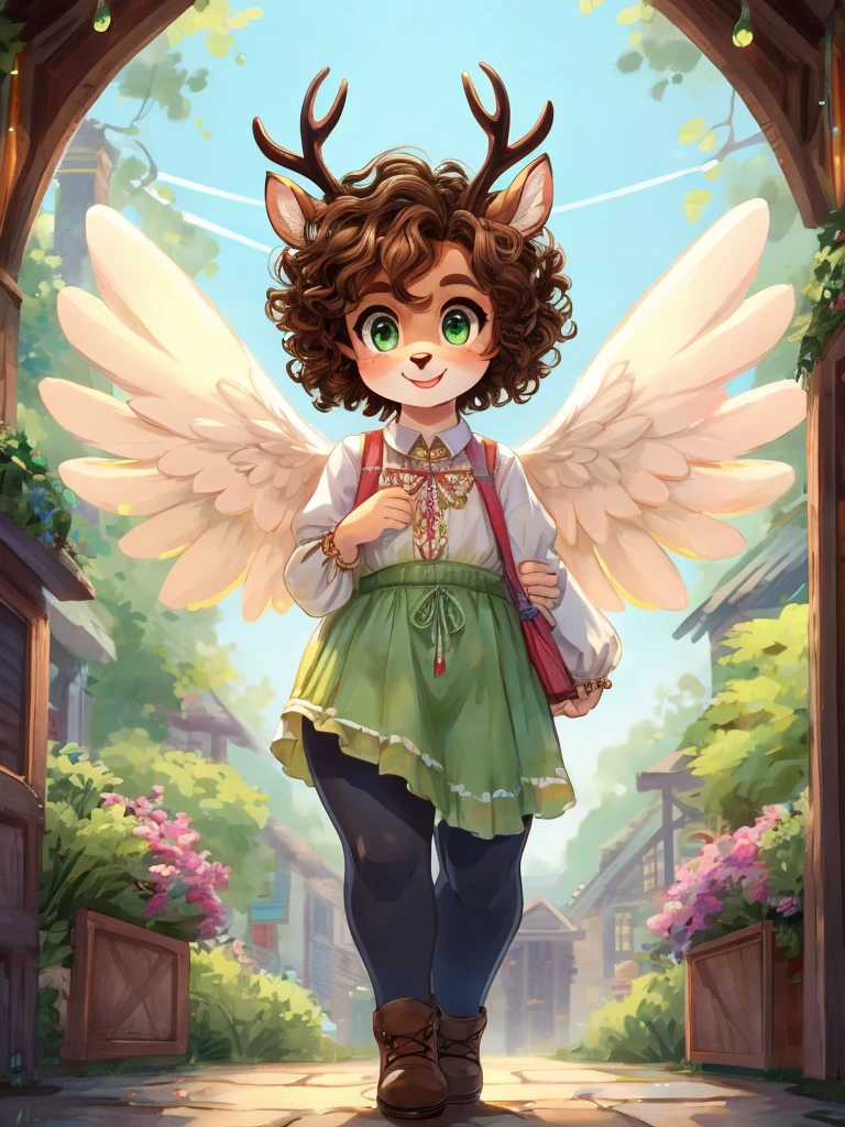 Cute, deer boy, small deer antlers, innocent, chubby, fat, big thighs, androgynous, femboy, short curly hair, brown hair, fawn spots, freakles, ((cute)), smiling, walking in a big bustling city, wearing cottage core outfit, cottage core gender neutral outfit, cute clothes, modest clothes, adorable, pastel color scheme, light blue green yellow white and brown color scheme, young, cartoony, adorable, deer tail, moss green eyes, angel wings,